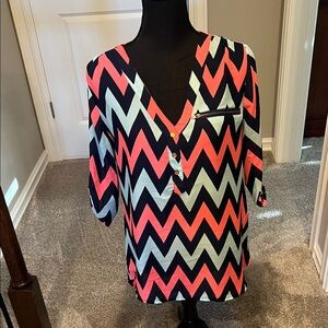 Wishful Park Zigzag V-Neck Blouse - Pink, Green, Black